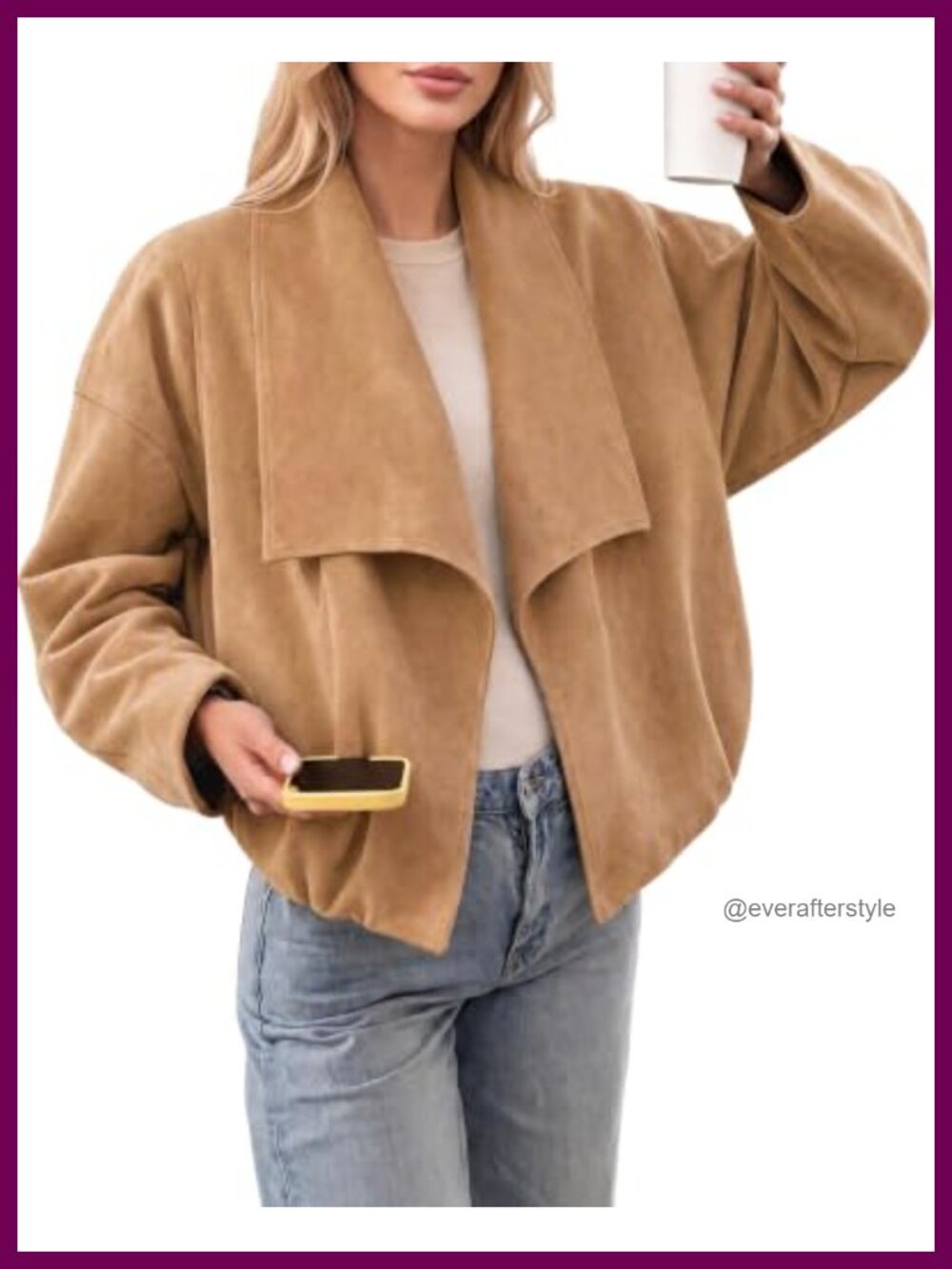 Oversized Cropped Faux Suede Jacket Open Front Lapel